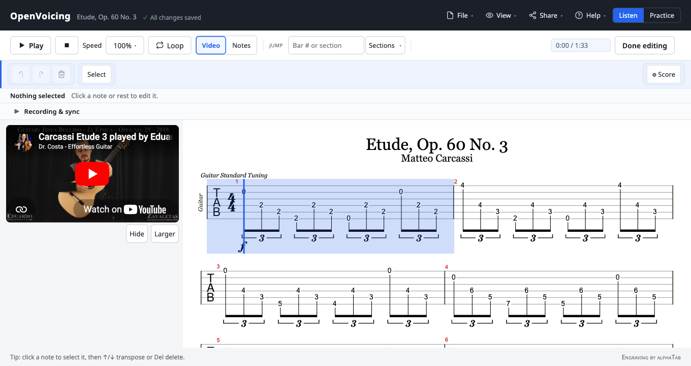 The OpenVoicing editor open on Carcassi's Étude Op. 60 No. 3: the edit toolbar above the tablature, with the YouTube performance alongside
