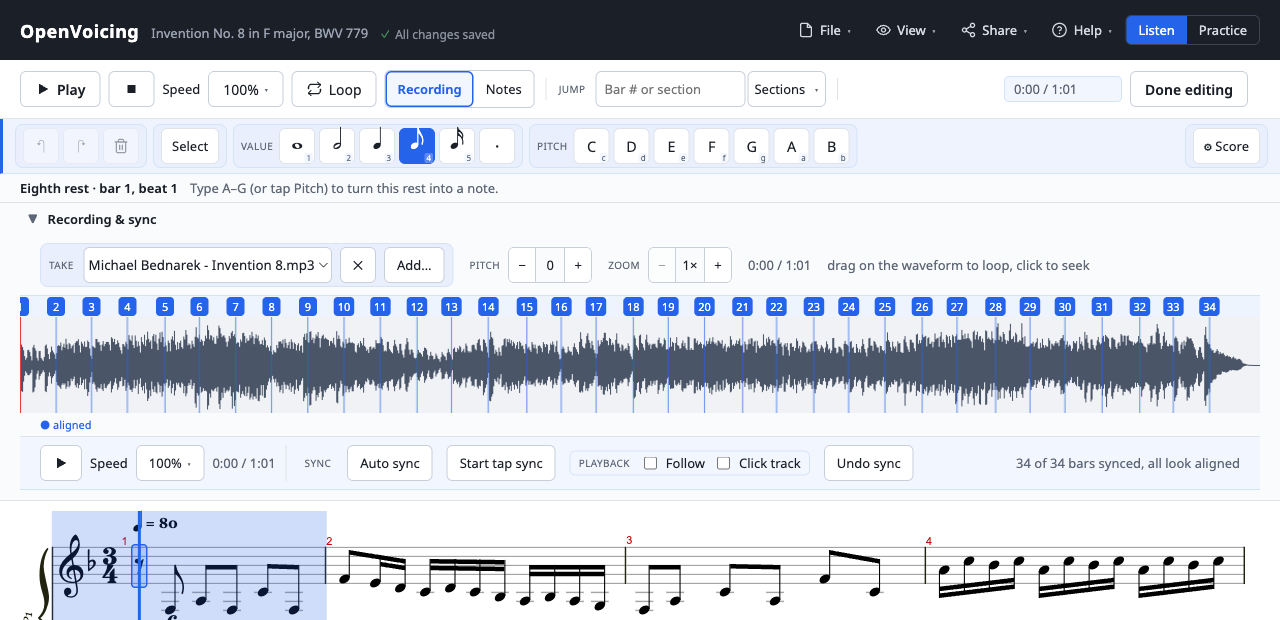 The OpenVoicing editor: the edit toolbar with note-value and pitch controls, editing Bach's Invention No. 8