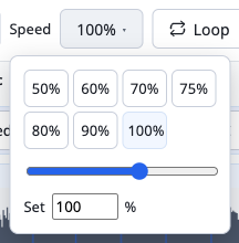 The Speed panel open in the app, showing one-tap tempo presets from 50 to 100 percent, a slider, and a box to type an exact percentage